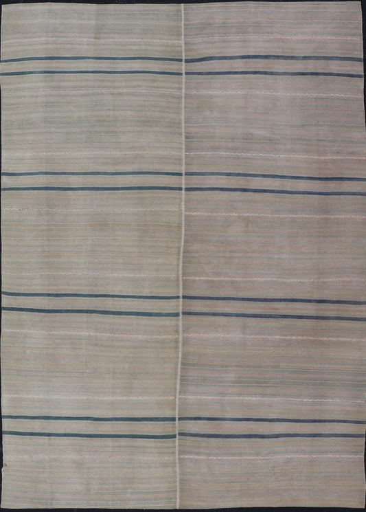 Vintage Turkish Tribal Kilim Rug with Serene Pastel Stripes and Handwoven Elegance - Keivan Woven ArtsEN - 15417Rug