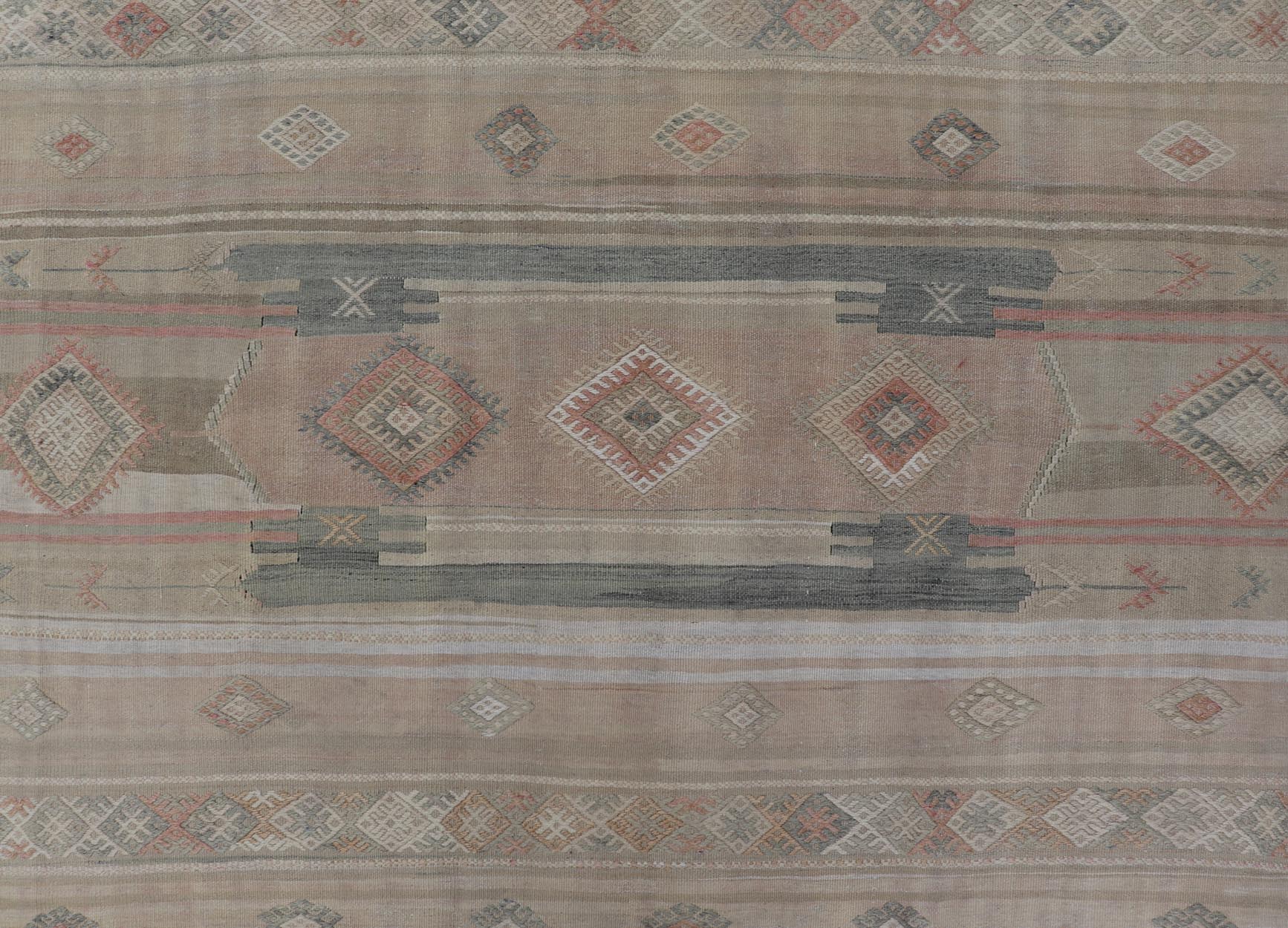 Vintage Turkish Kilim Rug with Soft Geometric Patterns and Earthy Tones - Keivan Woven ArtsEN - 15418Rug