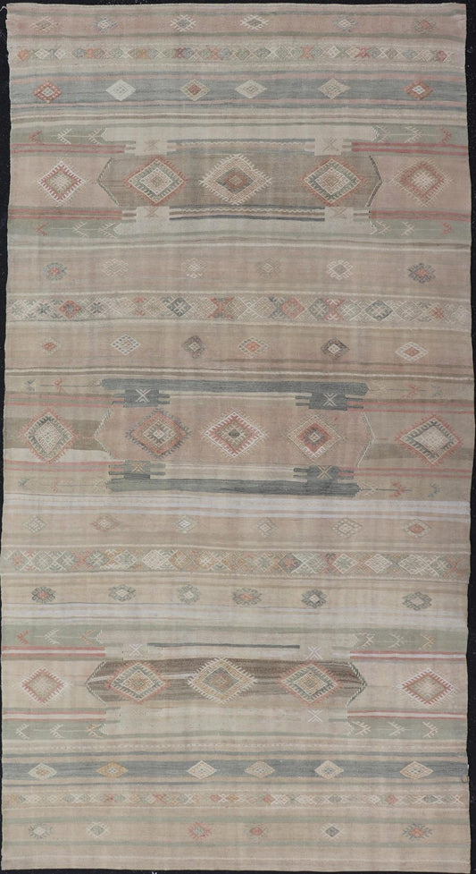 Vintage Turkish Kilim Rug with Soft Geometric Patterns and Earthy Tones - Keivan Woven ArtsEN - 15418Rug