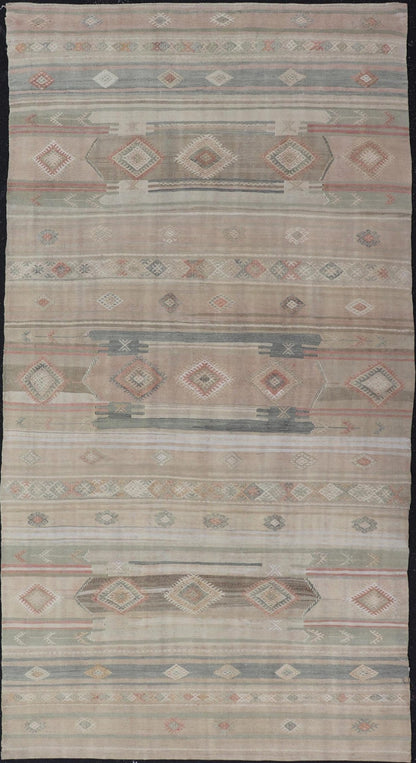 Vintage Turkish Kilim Rug with Soft Geometric Patterns and Earthy Tones - Keivan Woven ArtsEN - 15418Rug