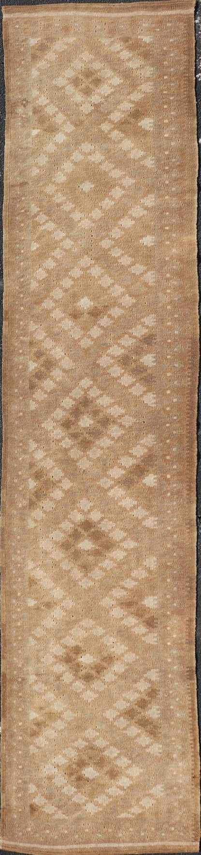 Vintage Turkish Tribal Kilim Runner with Warm Earth Tones and Geometric Patterns - Keivan Woven ArtsEN - 15425Rug
