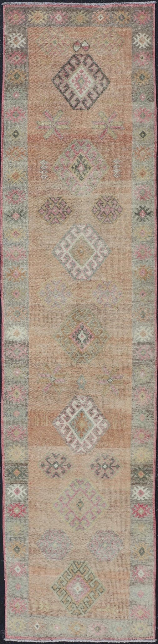 Vintage Tulu Runner in Geometric shapes and soft tones by Keivan Woven Arts Measures: 2'11 X 12'8 This Turkish Tulu runner features a series of geometric motifs and patterns by Keivan Woven Arts, rug number EN - 15519. The vintage Tulu run... - Keivan Woven ArtsEN - 15519 - 26532Rug