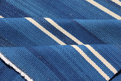 Turkish Flat - Weave Kilim in Navy Blue and Ivory In Striped Design. Keivan Woven Arts / rug EN - 15523, country of origin / type: Turkey / Kilim, circa 1950 Measures: 4'5 x 5'10 This vintage Turkish Kilim rug features a contemporary geometric strip... - Keivan Woven ArtsEN - 15523 - 23619Rug