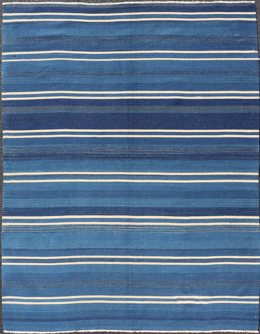 Turkish Flat - Weave Kilim in Navy Blue and Ivory In Striped Design. Keivan Woven Arts / rug EN - 15523, country of origin / type: Turkey / Kilim, circa 1950 Measures: 4'5 x 5'10 This vintage Turkish Kilim rug features a contemporary geometric strip... - Keivan Woven ArtsEN - 15523 - 23619Rug