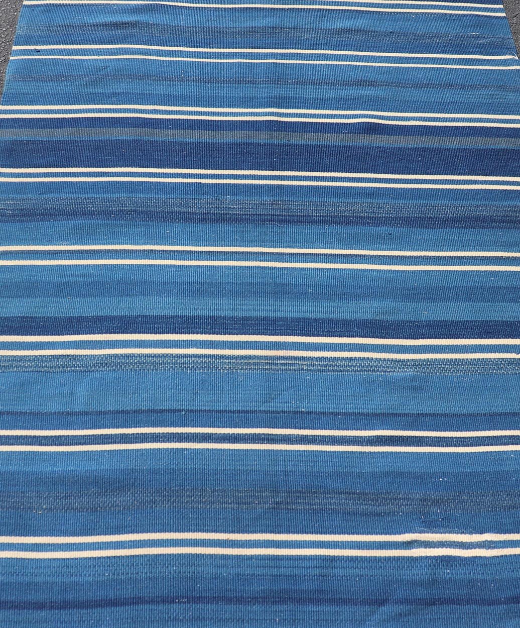 Turkish Flat - Weave Kilim in Navy Blue and Ivory In Striped Design. Keivan Woven Arts / rug EN - 15523, country of origin / type: Turkey / Kilim, circa 1950 Measures: 4'5 x 5'10 This vintage Turkish Kilim rug features a contemporary geometric strip... - Keivan Woven ArtsEN - 15523 - 23619Rug