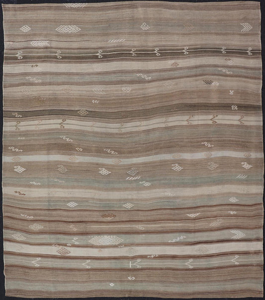 Vintage Kilim With Subtle Striped Patterns in Earth Tones Measures: 6'4" x 7'10" This Vintage Turkish Kilim showcases a flat weave with subtle patterns scattered across horizontal stripes. The kilim is decorated with shades of beige, bro... - Keivan Woven ArtsEN - 15524 - 25853Rug