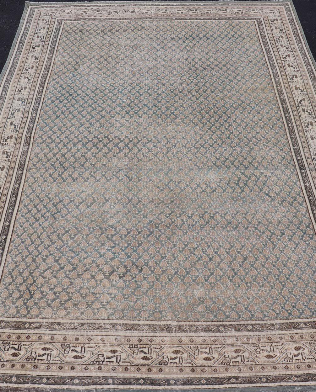 Antique Persian Tabriz Rug in Teal Blue, Salmon & Brown. Keivan Woven Arts / rug EN - 15558, country of origin / type: Persian / Tabriz, circa Early - 20th century. Measures: 6'0 x 9'2 This Tabriz rug features an intricate and detailed border... - Keivan Woven ArtsEN - 15558 - 24766