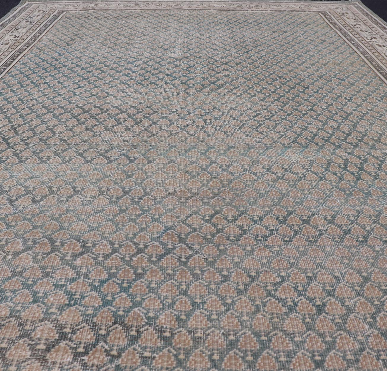 Antique Persian Tabriz Rug in Teal Blue, Salmon & Brown. Keivan Woven Arts / rug EN - 15558, country of origin / type: Persian / Tabriz, circa Early - 20th century. Measures: 6'0 x 9'2 This Tabriz rug features an intricate and detailed border... - Keivan Woven ArtsEN - 15558 - 24766