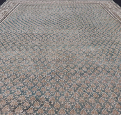 Antique Persian Tabriz Rug in Teal Blue, Salmon & Brown. Keivan Woven Arts / rug EN - 15558, country of origin / type: Persian / Tabriz, circa Early - 20th century. Measures: 6'0 x 9'2 This Tabriz rug features an intricate and detailed border... - Keivan Woven ArtsEN - 15558 - 24766