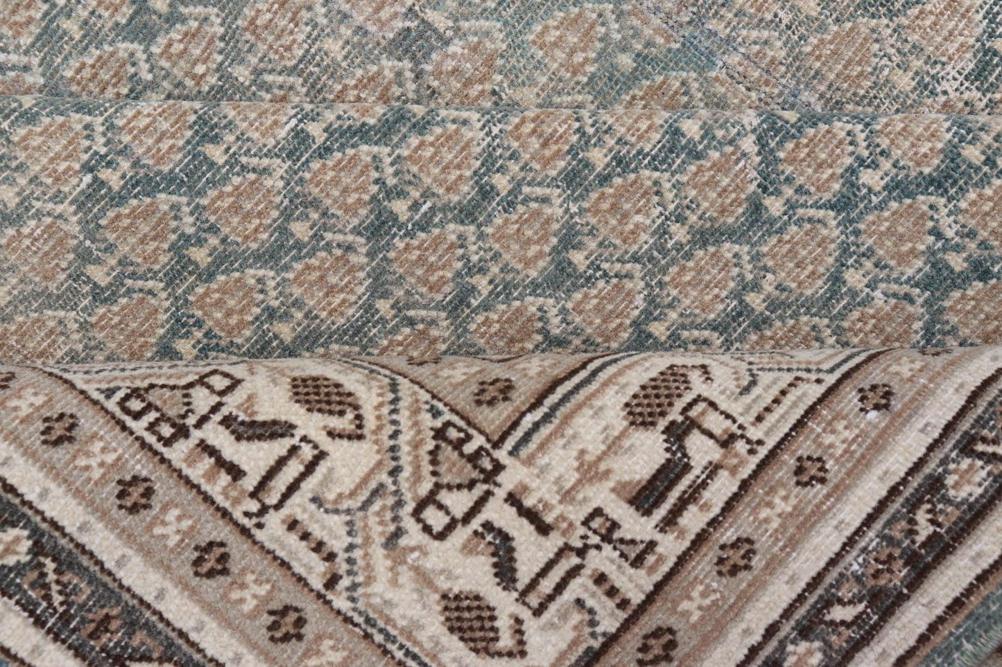 Antique Persian Tabriz Rug in Teal Blue, Salmon & Brown. Keivan Woven Arts / rug EN - 15558, country of origin / type: Persian / Tabriz, circa Early - 20th century. Measures: 6'0 x 9'2 This Tabriz rug features an intricate and detailed border... - Keivan Woven ArtsEN - 15558 - 24766