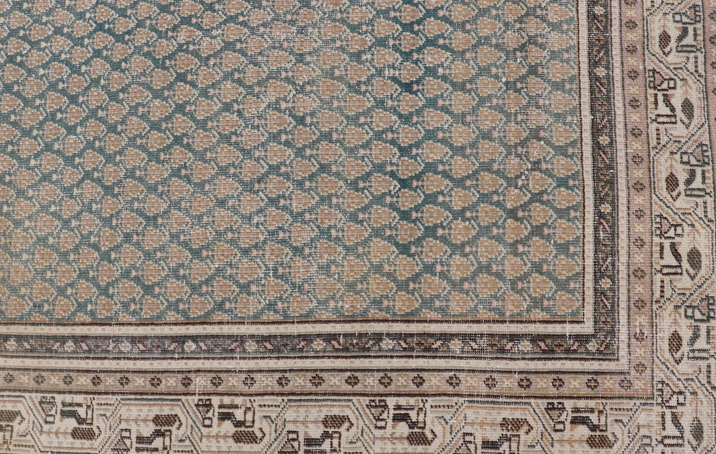 Antique Persian Tabriz Rug in Teal Blue, Salmon & Brown. Keivan Woven Arts / rug EN - 15558, country of origin / type: Persian / Tabriz, circa Early - 20th century. Measures: 6'0 x 9'2 This Tabriz rug features an intricate and detailed border... - Keivan Woven ArtsEN - 15558 - 24766