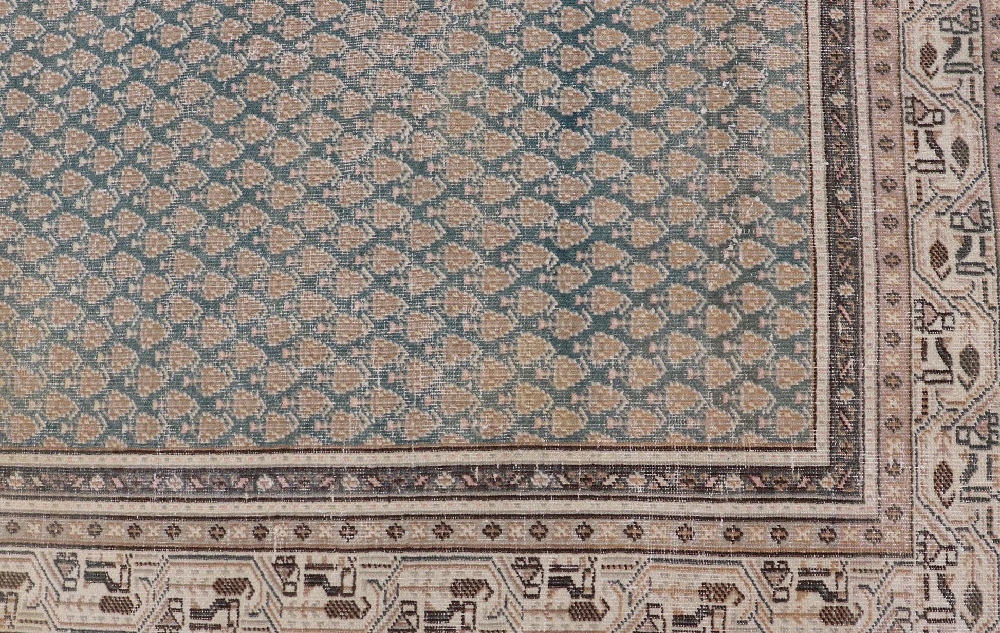 Antique Persian Tabriz Rug in Teal Blue, Salmon & Brown. Keivan Woven Arts / rug EN - 15558, country of origin / type: Persian / Tabriz, circa Early - 20th century. Measures: 6'0 x 9'2 This Tabriz rug features an intricate and detailed border... - Keivan Woven ArtsEN - 15558 - 24766