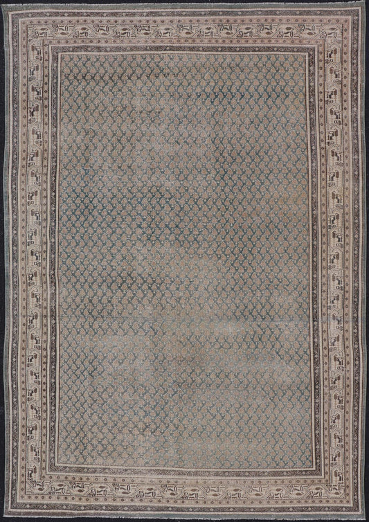 Antique Persian Tabriz Rug in Teal Blue, Salmon & Brown. Keivan Woven Arts / rug EN - 15558, country of origin / type: Persian / Tabriz, circa Early - 20th century. Measures: 6'0 x 9'2 This Tabriz rug features an intricate and detailed border... - Keivan Woven ArtsEN - 15558 - 24766Rug