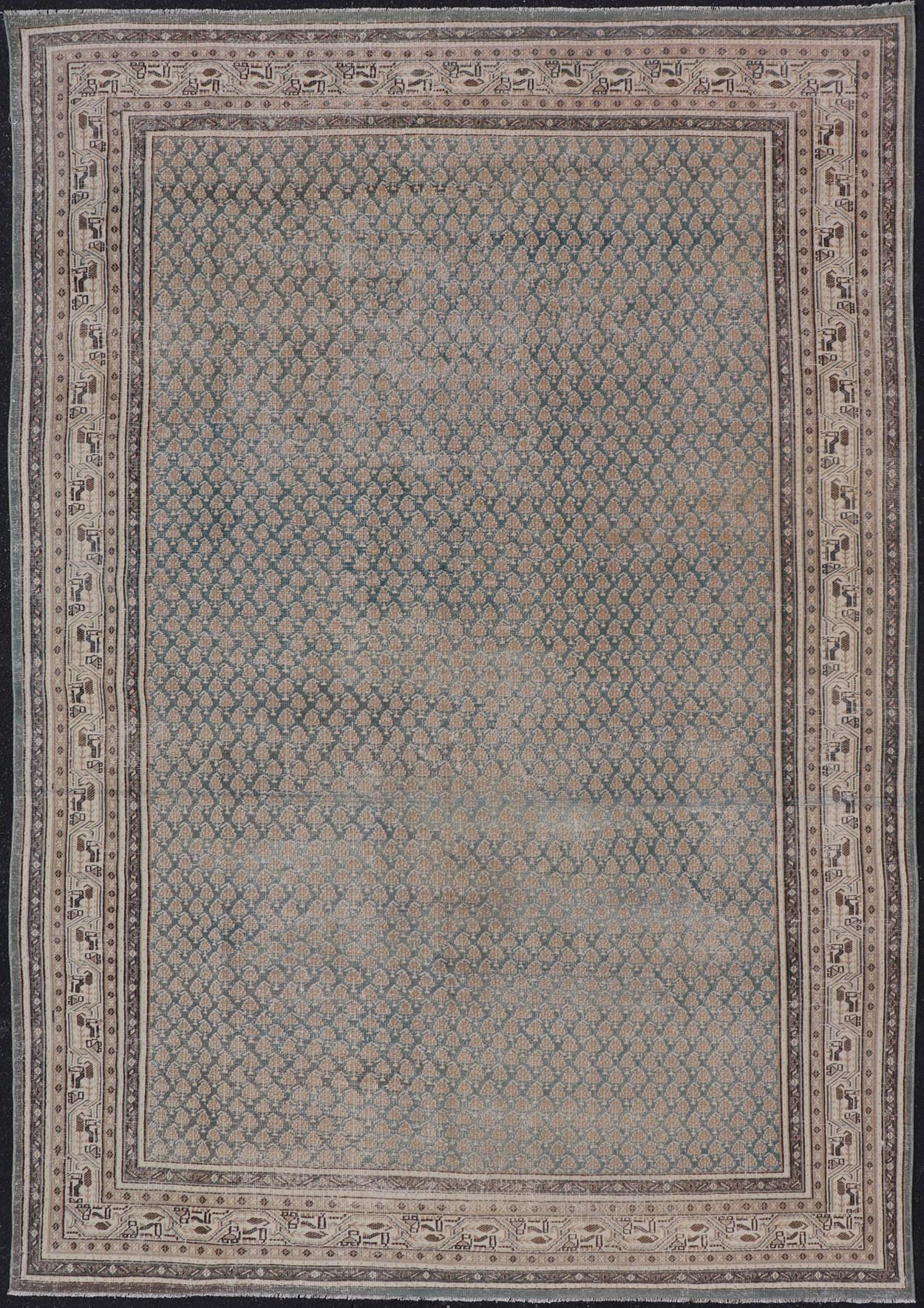 Antique Persian Tabriz Rug in Teal Blue, Salmon & Brown. Keivan Woven Arts / rug EN - 15558, country of origin / type: Persian / Tabriz, circa Early - 20th century. Measures: 6'0 x 9'2 This Tabriz rug features an intricate and detailed border... - Keivan Woven ArtsEN - 15558 - 24766
