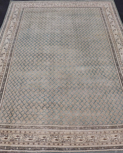 Antique Persian Tabriz Rug in Teal Blue, Salmon & Brown. Keivan Woven Arts / rug EN - 15558, country of origin / type: Persian / Tabriz, circa Early - 20th century. Measures: 6'0 x 9'2 This Tabriz rug features an intricate and detailed border... - Keivan Woven ArtsEN - 15558 - 24766Rug