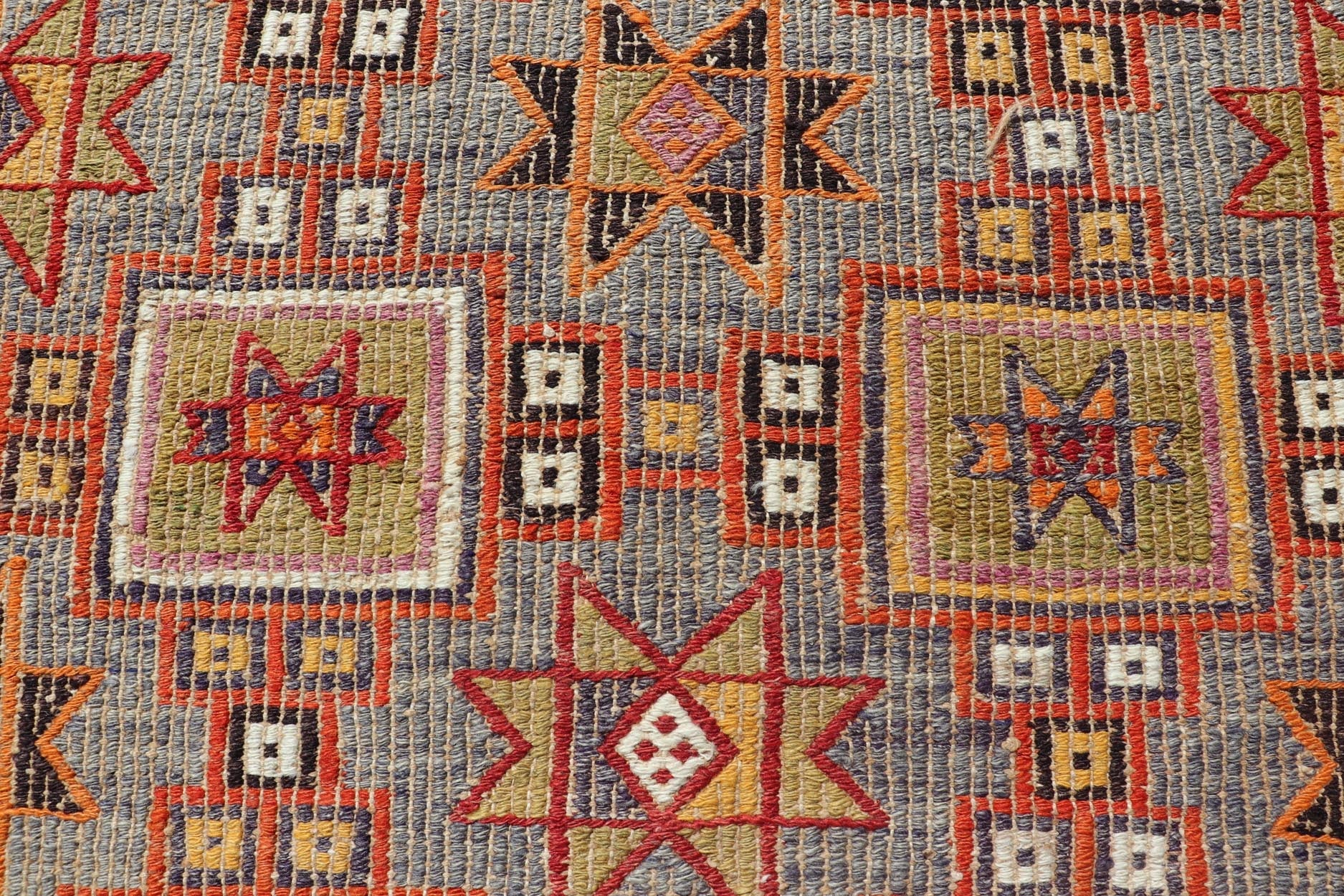 Vibrant Vintage Turkish Kilim Rug with Intricate Geometric Patterns and Rich Hues - Keivan Woven ArtsEN - 15778Rug