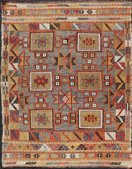 Vibrant Vintage Turkish Kilim Rug with Intricate Geometric Patterns and Rich Hues - Keivan Woven ArtsEN - 15778Rug