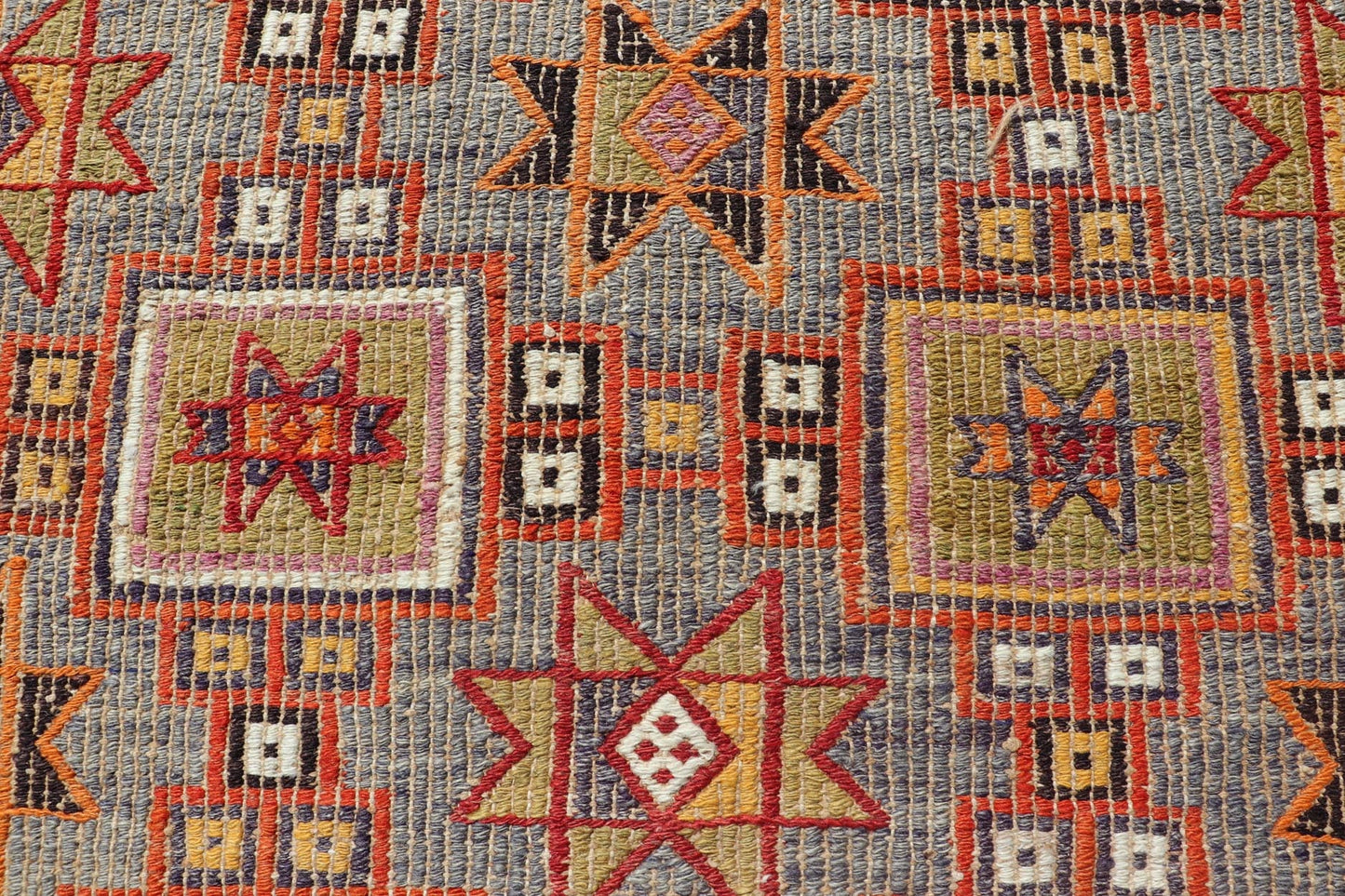 Vibrant Vintage Turkish Kilim Rug with Intricate Geometric Patterns and Rich Hues - Keivan Woven ArtsEN - 15778Rug