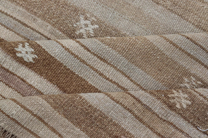Warm Toned Vintage Turkish Kilim Runner with Beige and Brown Stripes - Keivan Woven ArtsEN - 15885Rug