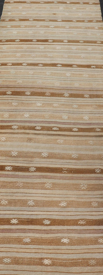 Warm Toned Vintage Turkish Kilim Runner with Beige and Brown Stripes - Keivan Woven ArtsEN - 15885Rug