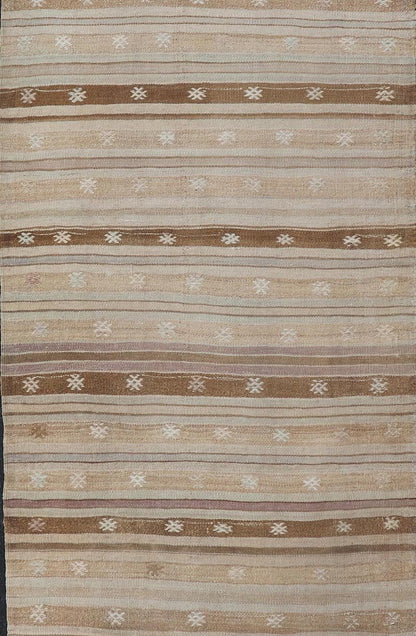 Warm Toned Vintage Turkish Kilim Runner with Beige and Brown Stripes - Keivan Woven ArtsEN - 15885Rug