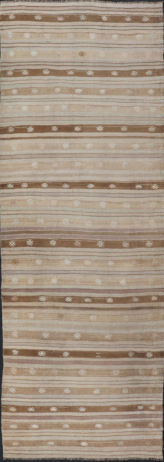 Warm Toned Vintage Turkish Kilim Runner with Beige and Brown Stripes - Keivan Woven ArtsEN - 15885Rug