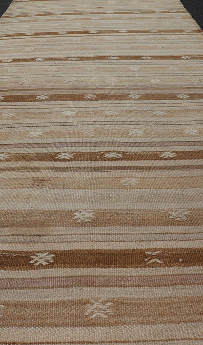 Warm Toned Vintage Turkish Kilim Runner with Beige and Brown Stripes - Keivan Woven ArtsEN - 15885Rug