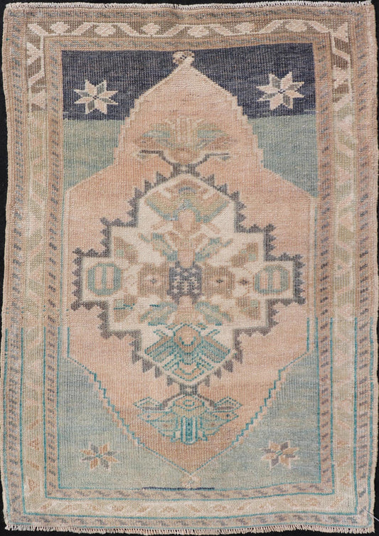 Vintage Turkish Oushak Rug with All - Over Sub - Geometric Medallion Design Keivan Woven Arts / rug EN - 15907, country of origin / type: Turkey / Oushak, circa 1950 Measures: 2'1 x 2'10 - Keivan Woven ArtsEN - 15907 - 24067Rug