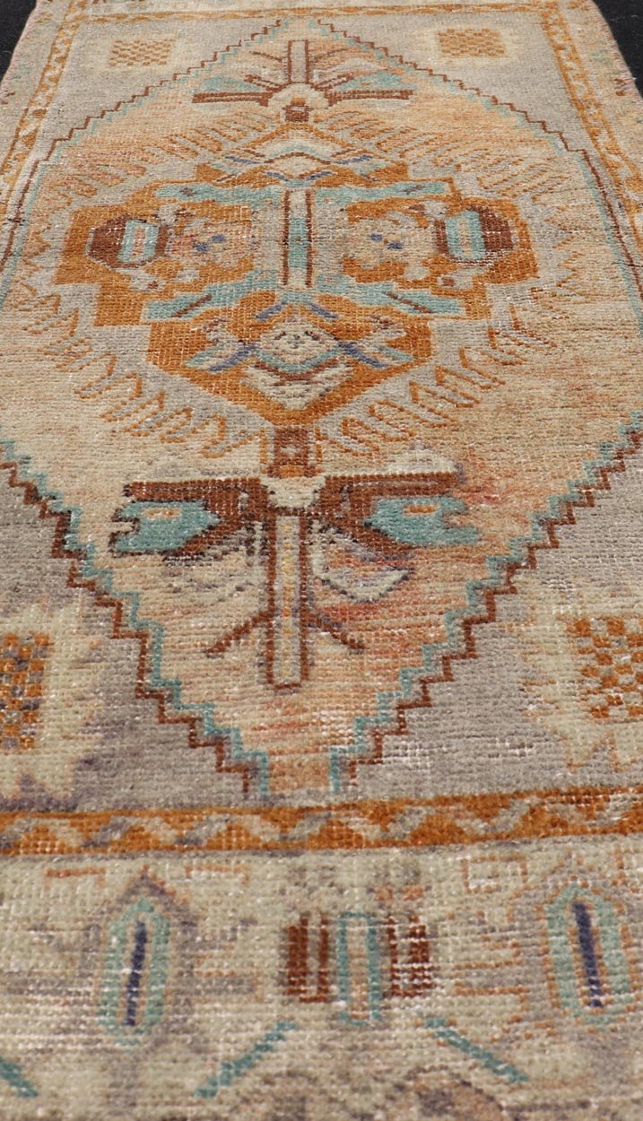 Vintage Turkish Oushak Rug with All - Over Sub - Geometric Medallion Design Keivan Woven Arts / rug EN - 15909, country of origin / type: Turkey / Oushak, circa 1950 Measures: 1'4 x 3'9 Small Turkish small size in multi colors and sub Geo... - Keivan Woven ArtsEN - 15909 - 24079Rug