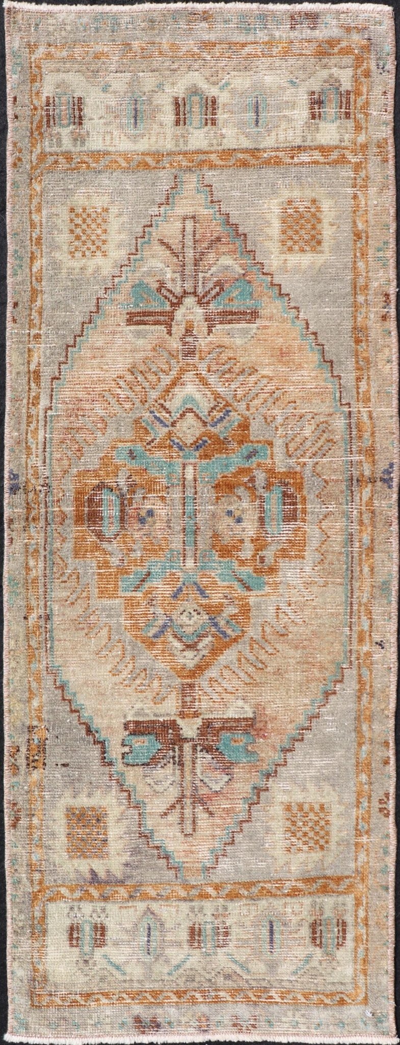 Vintage Turkish Oushak Rug with All - Over Sub - Geometric Medallion Design Keivan Woven Arts / rug EN - 15909, country of origin / type: Turkey / Oushak, circa 1950 Measures: 1'4 x 3'9 Small Turkish small size in multi colors and sub Geo... - Keivan Woven ArtsEN - 15909 - 24079Rug