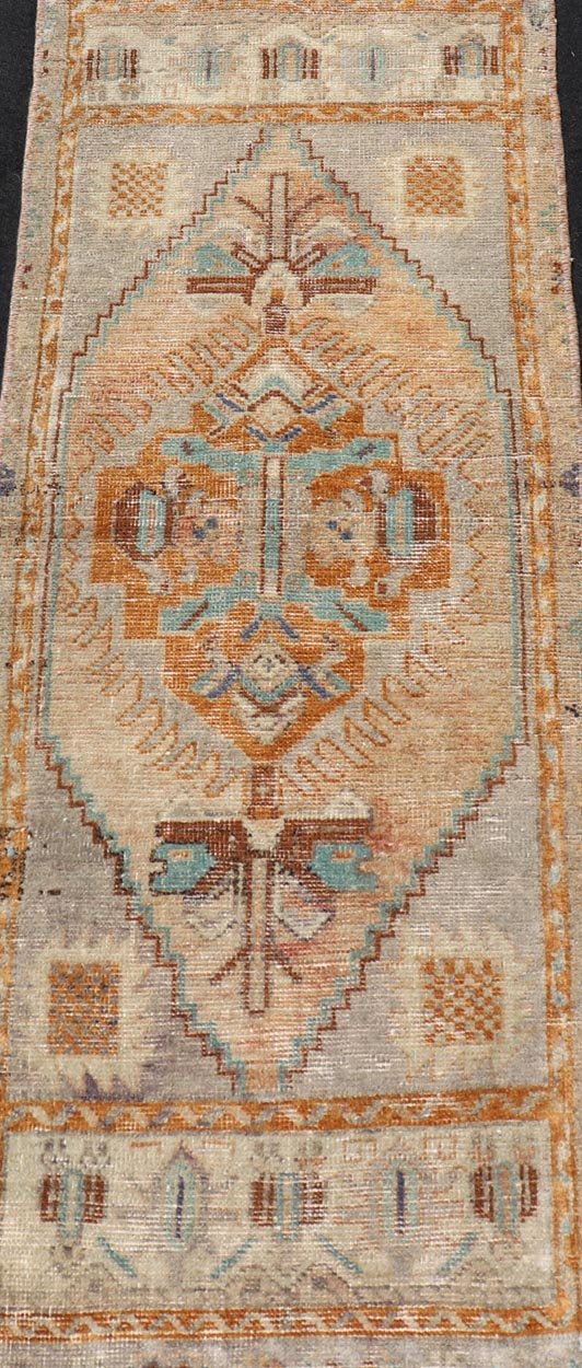 Vintage Turkish Oushak Rug with All - Over Sub - Geometric Medallion Design Keivan Woven Arts / rug EN - 15909, country of origin / type: Turkey / Oushak, circa 1950 Measures: 1'4 x 3'9 Small Turkish small size in multi colors and sub Geo... - Keivan Woven ArtsEN - 15909 - 24079Rug