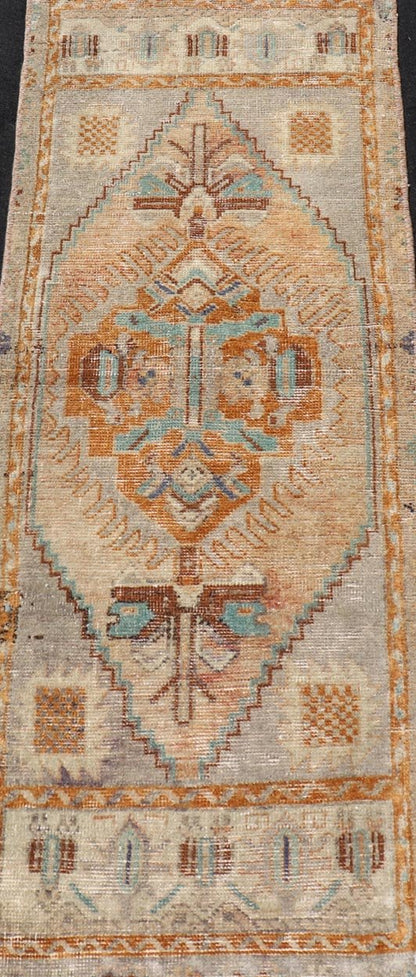 Vintage Turkish Oushak Rug with All - Over Sub - Geometric Medallion Design Keivan Woven Arts / rug EN - 15909, country of origin / type: Turkey / Oushak, circa 1950 Measures: 1'4 x 3'9 Small Turkish small size in multi colors and sub Geo... - Keivan Woven ArtsEN - 15909 - 24079Rug
