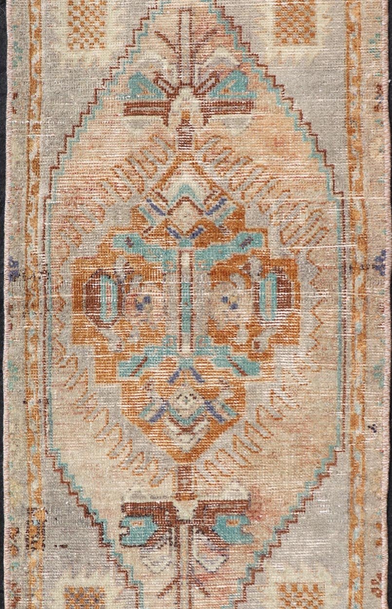 Vintage Turkish Oushak Rug with All - Over Sub - Geometric Medallion Design Keivan Woven Arts / rug EN - 15909, country of origin / type: Turkey / Oushak, circa 1950 Measures: 1'4 x 3'9 Small Turkish small size in multi colors and sub Geo... - Keivan Woven ArtsEN - 15909 - 24079Rug