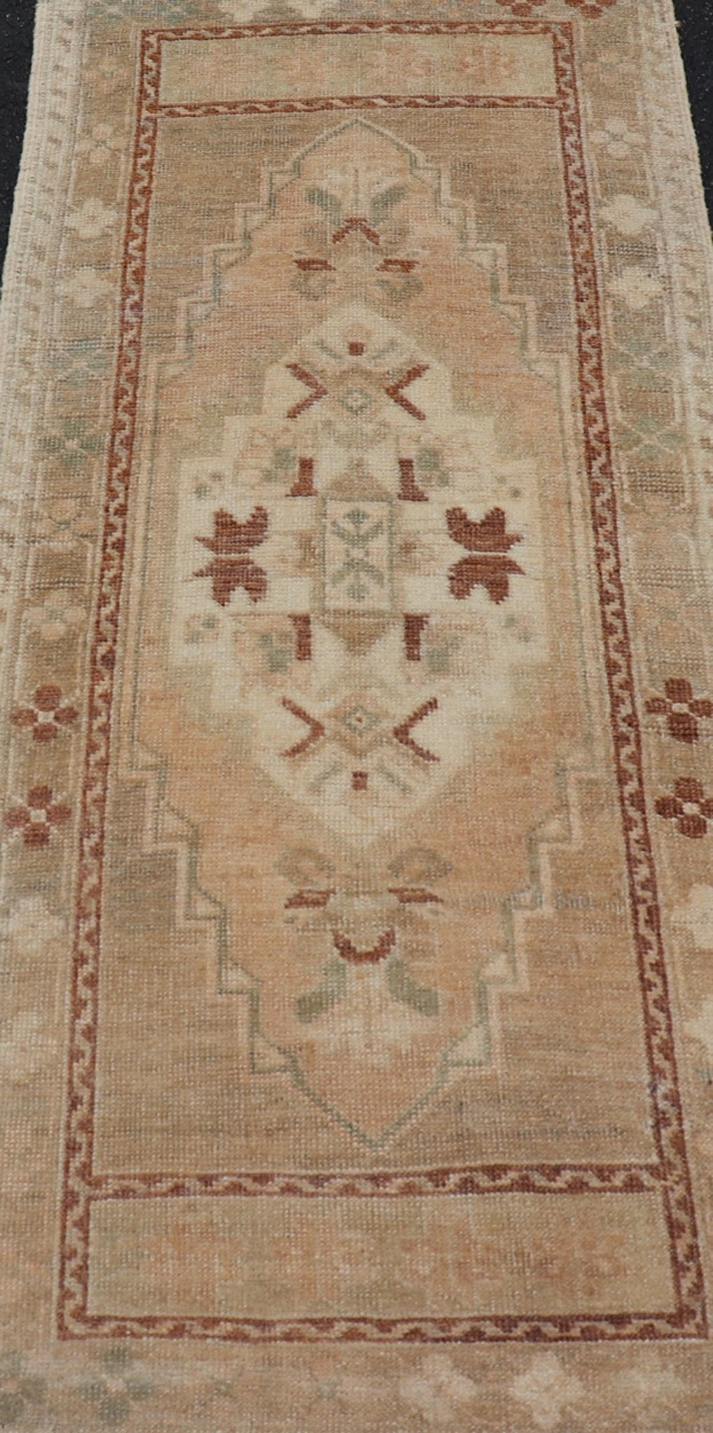 Vintage Turkish Oushak Rug in Teal Color with Geometric Medallion Design, Keivan Woven Arts / rug/ EN - 15919, country of origin / type: Turkey / Oushak, circa 1950 Measures: 1'10 x 3'6 Vintage Turkish Yasick Rug with Sub - Geometric Medallio... - Keivan Woven ArtsEN - 15919 - 24097Rug