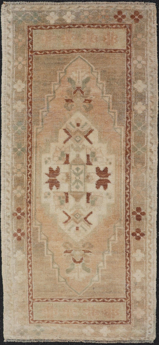 Vintage Turkish Oushak Rug in Teal Color with Geometric Medallion Design, Keivan Woven Arts / rug/ EN - 15919, country of origin / type: Turkey / Oushak, circa 1950 Measures: 1'10 x 3'6 Vintage Turkish Yasick Rug with Sub - Geometric Medallio... - Keivan Woven ArtsEN - 15919 - 24097Rug