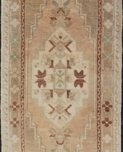 Vintage Turkish Oushak Rug in Teal Color with Geometric Medallion Design, Keivan Woven Arts / rug/ EN - 15919, country of origin / type: Turkey / Oushak, circa 1950 Measures: 1'10 x 3'6 Vintage Turkish Yasick Rug with Sub - Geometric Medallio... - Keivan Woven ArtsEN - 15919 - 24097Rug