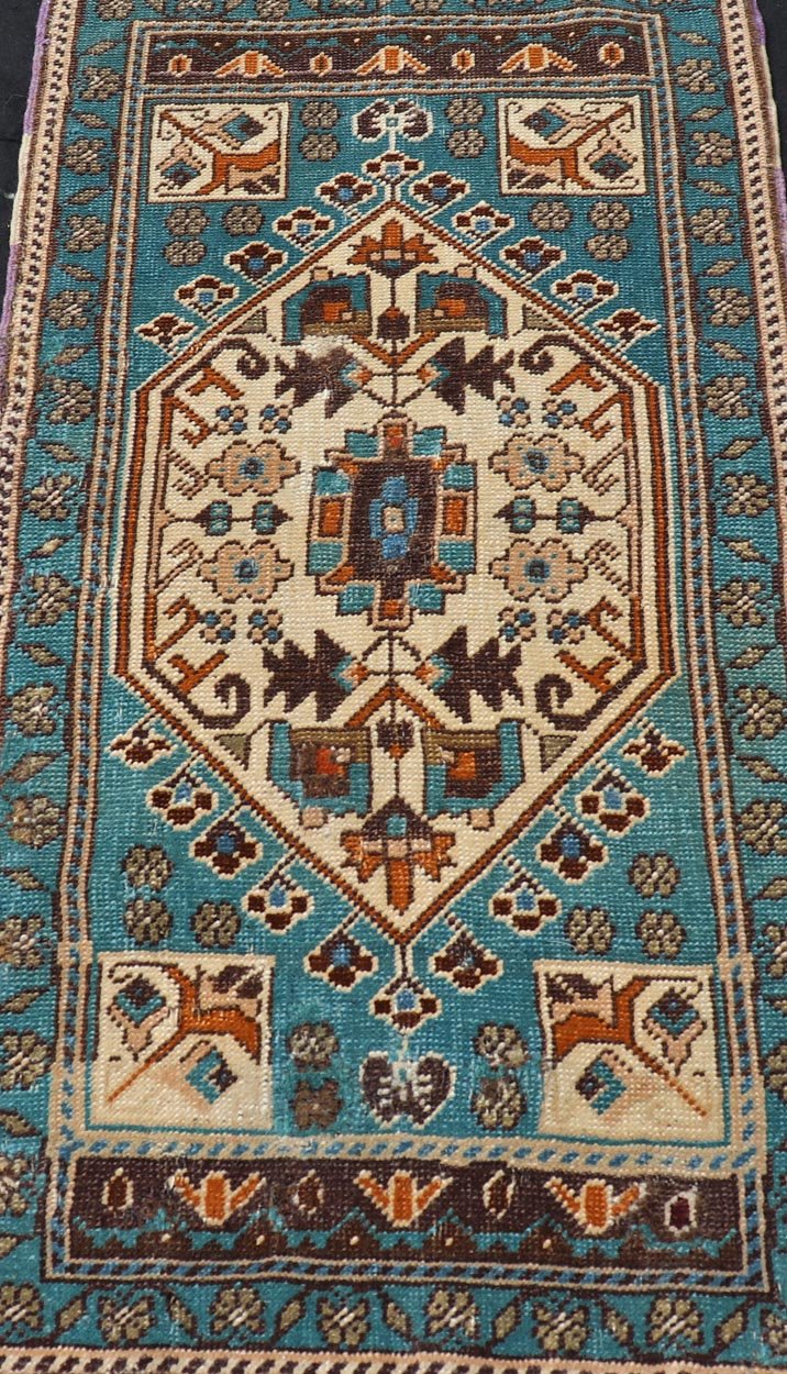Vintage Turkish Oushak Rug in Teal Color with Geometric Medallion Design, Keivan Woven Arts / rug/ EN - 15920, country of origin / type: Turkey / Oushak, circa 1950 Measures: 1'10 x 3'6 Small Turkish small size in teal and multi colors wit... - Keivan Woven ArtsEN - 15920 - 24103Rug