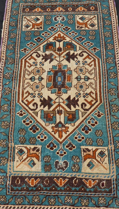 Vintage Turkish Oushak Rug in Teal Color with Geometric Medallion Design, Keivan Woven Arts / rug/ EN - 15920, country of origin / type: Turkey / Oushak, circa 1950 Measures: 1'10 x 3'6 Small Turkish small size in teal and multi colors wit... - Keivan Woven ArtsEN - 15920 - 24103Rug