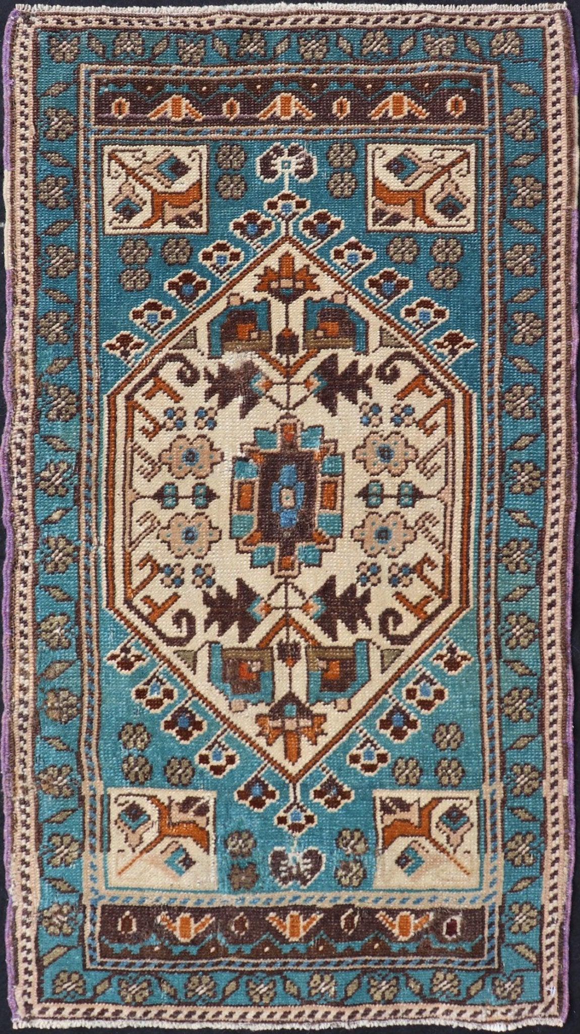 Vintage Turkish Oushak Rug in Teal Color with Geometric Medallion Design, Keivan Woven Arts / rug/ EN - 15920, country of origin / type: Turkey / Oushak, circa 1950 Measures: 1'10 x 3'6 Small Turkish small size in teal and multi colors wit... - Keivan Woven ArtsEN - 15920 - 24103Rug