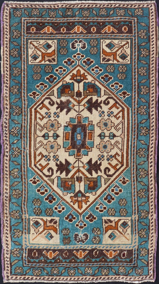 Vintage Turkish Oushak Rug in Teal Color with Geometric Medallion Design, Keivan Woven Arts / rug/ EN - 15920, country of origin / type: Turkey / Oushak, circa 1950 Measures: 1'10 x 3'6 Small Turkish small size in teal and multi colors wit... - Keivan Woven ArtsEN - 15920 - 24103Rug