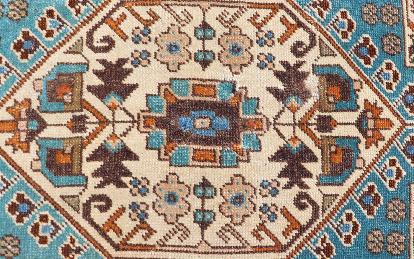 Vintage Turkish Oushak Rug in Teal Color with Geometric Medallion Design, Keivan Woven Arts / rug/ EN - 15920, country of origin / type: Turkey / Oushak, circa 1950 Measures: 1'10 x 3'6 Small Turkish small size in teal and multi colors wit... - Keivan Woven ArtsEN - 15920 - 24103Rug