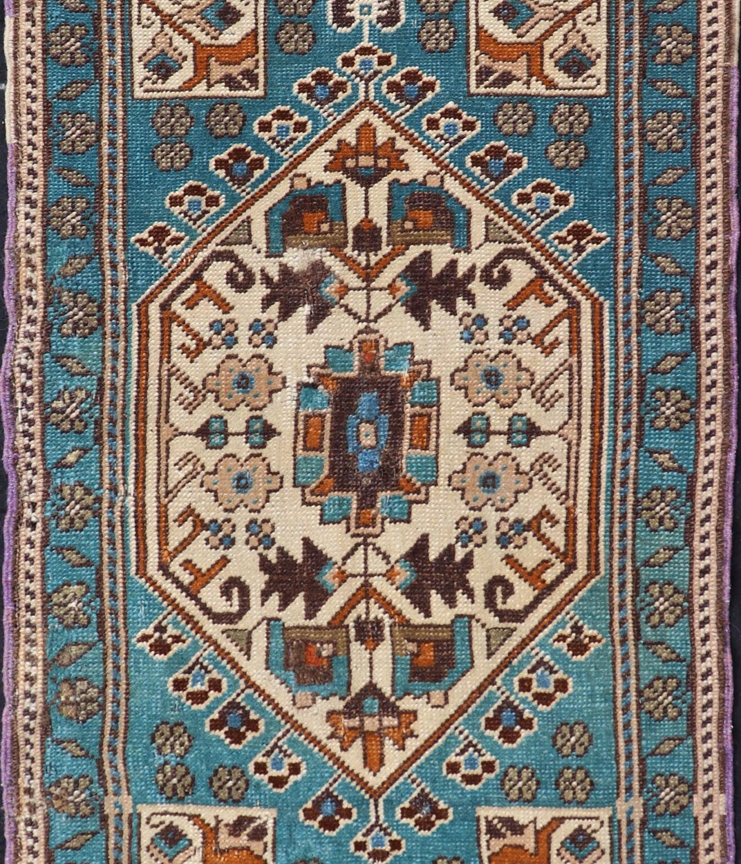 Vintage Turkish Oushak Rug in Teal Color with Geometric Medallion Design, Keivan Woven Arts / rug/ EN - 15920, country of origin / type: Turkey / Oushak, circa 1950 Measures: 1'10 x 3'6 Small Turkish small size in teal and multi colors wit... - Keivan Woven ArtsEN - 15920 - 24103Rug