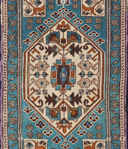 Vintage Turkish Oushak Rug in Teal Color with Geometric Medallion Design, Keivan Woven Arts / rug/ EN - 15920, country of origin / type: Turkey / Oushak, circa 1950 Measures: 1'10 x 3'6 Small Turkish small size in teal and multi colors wit... - Keivan Woven ArtsEN - 15920 - 24103Rug