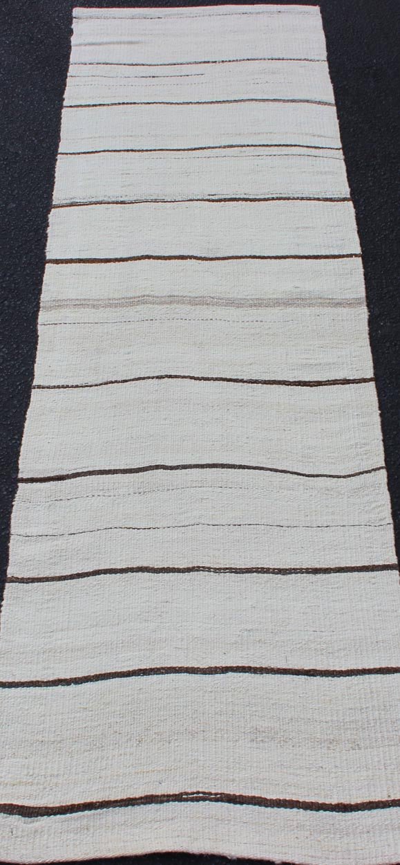 Minimalist Design Vintage Turkish Kilim Runner with Off white, Brown and Ivory. Keivan Woven Arts / rug EN - 16, country of origin / type: Turkey / Kilim, circa 1950 Measures: 2' x 8' This flat - woven Kilim runner from Turkey features an un... - Keivan Woven ArtsEN - 16 - 12585Rug