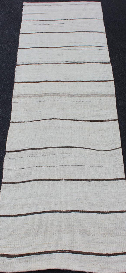 Minimalist Design Vintage Turkish Kilim Runner with Off white, Brown and Ivory. Keivan Woven Arts / rug EN - 16, country of origin / type: Turkey / Kilim, circa 1950 Measures: 2' x 8' This flat - woven Kilim runner from Turkey features an un... - Keivan Woven ArtsEN - 16 - 12585Rug
