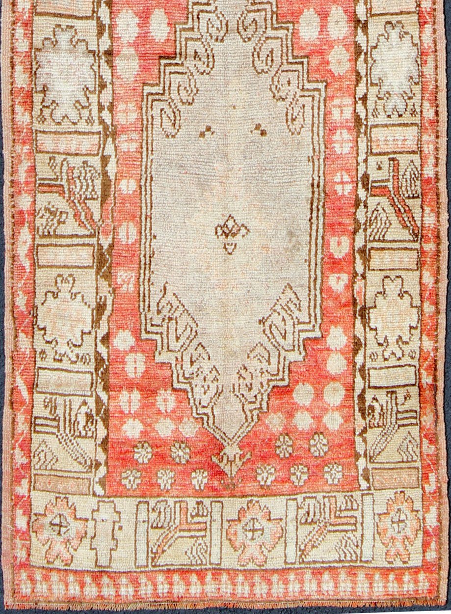 Vintage Hand Knotted Turkish Oushak Runner With Tribal Medallion Design in Muted Red, Brown Vintage Oushak Runner from Turkey with Vertical Dual Medallion Tribal Geometric Design in Various Tones, Keivan Woven Arts / rug en - 165008, country of or... - Keivan Woven ArtsEN - 165008 - 10223Rug