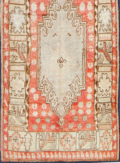 Vintage Hand Knotted Turkish Oushak Runner With Tribal Medallion Design in Muted Red, Brown Vintage Oushak Runner from Turkey with Vertical Dual Medallion Tribal Geometric Design in Various Tones, Keivan Woven Arts / rug en - 165008, country of or... - Keivan Woven ArtsEN - 165008 - 10223Rug