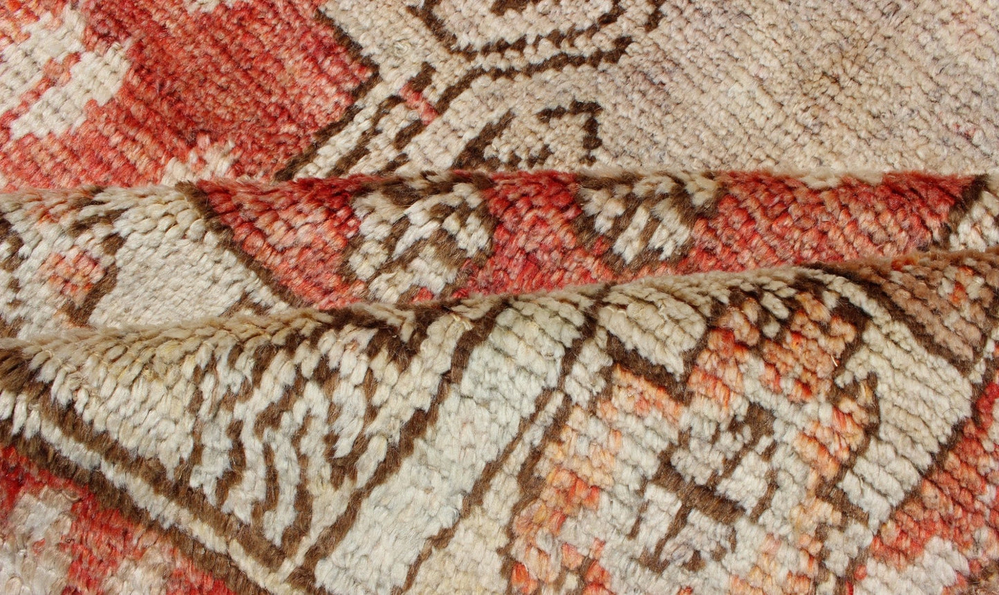 Vintage Hand Knotted Turkish Oushak Runner With Tribal Medallion Design in Muted Red, Brown Vintage Oushak Runner from Turkey with Vertical Dual Medallion Tribal Geometric Design in Various Tones, Keivan Woven Arts / rug en - 165008, country of or... - Keivan Woven ArtsEN - 165008 - 10223Rug