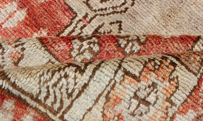 Vintage Hand Knotted Turkish Oushak Runner With Tribal Medallion Design in Muted Red, Brown Vintage Oushak Runner from Turkey with Vertical Dual Medallion Tribal Geometric Design in Various Tones, Keivan Woven Arts / rug en - 165008, country of or... - Keivan Woven ArtsEN - 165008 - 10223Rug