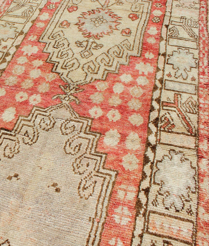 Vintage Hand Knotted Turkish Oushak Runner With Tribal Medallion Design in Muted Red, Brown Vintage Oushak Runner from Turkey with Vertical Dual Medallion Tribal Geometric Design in Various Tones, Keivan Woven Arts / rug en - 165008, country of or... - Keivan Woven ArtsEN - 165008 - 10223Rug